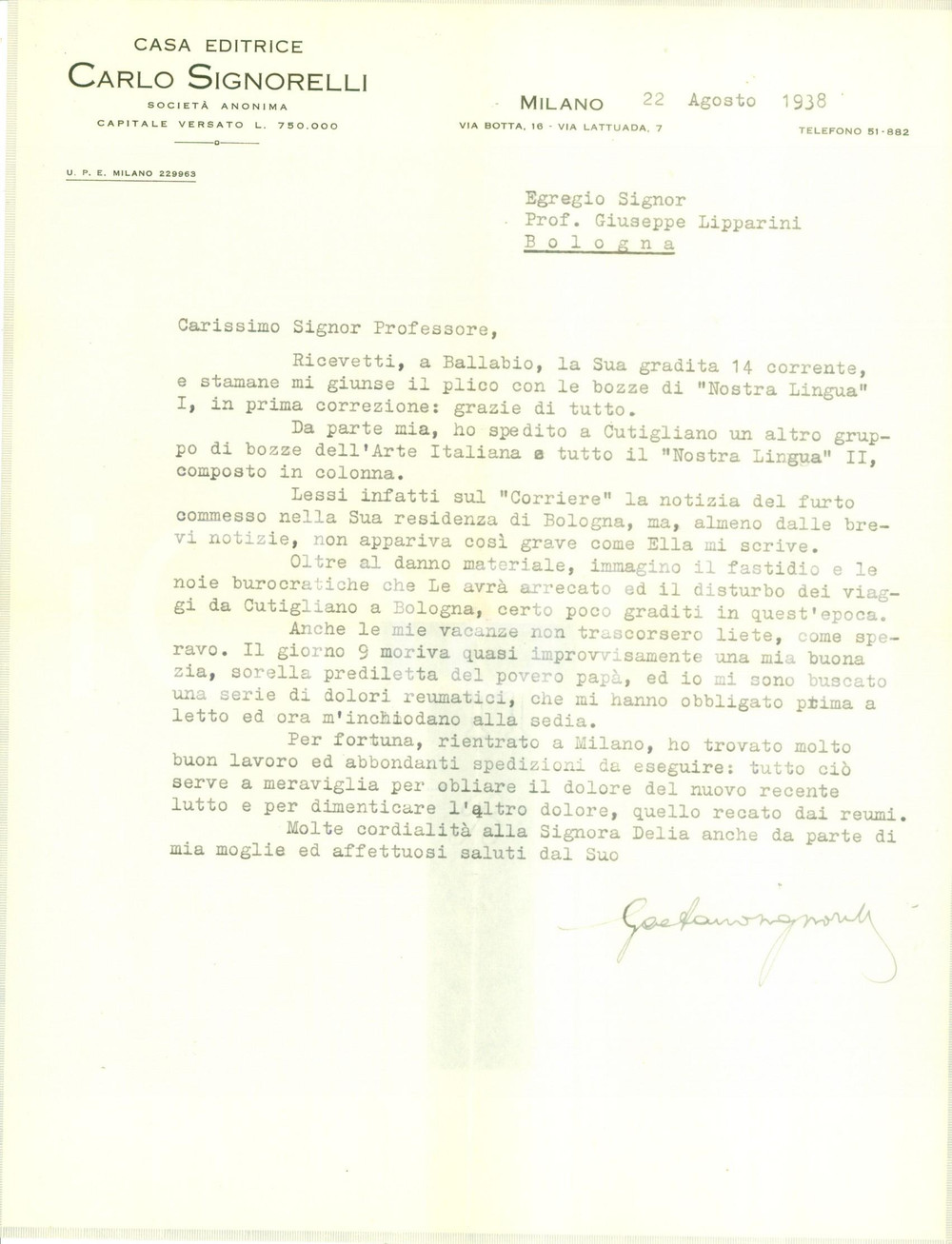 Autografo originale 1938 MILANO Editore Gaetano SIGNORELLI su furto a casa di Giuseppe LIPPARINI 1