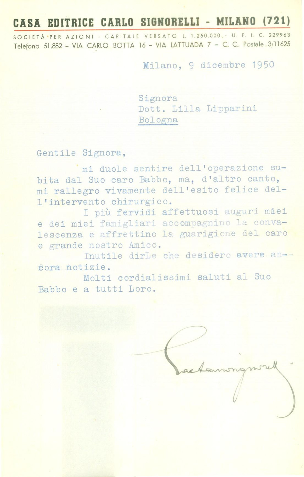 Autografo originale 1950 MILANO Editore Gaetano SIGNORELLI preoccupato per Giuseppe LIPPARINI 1