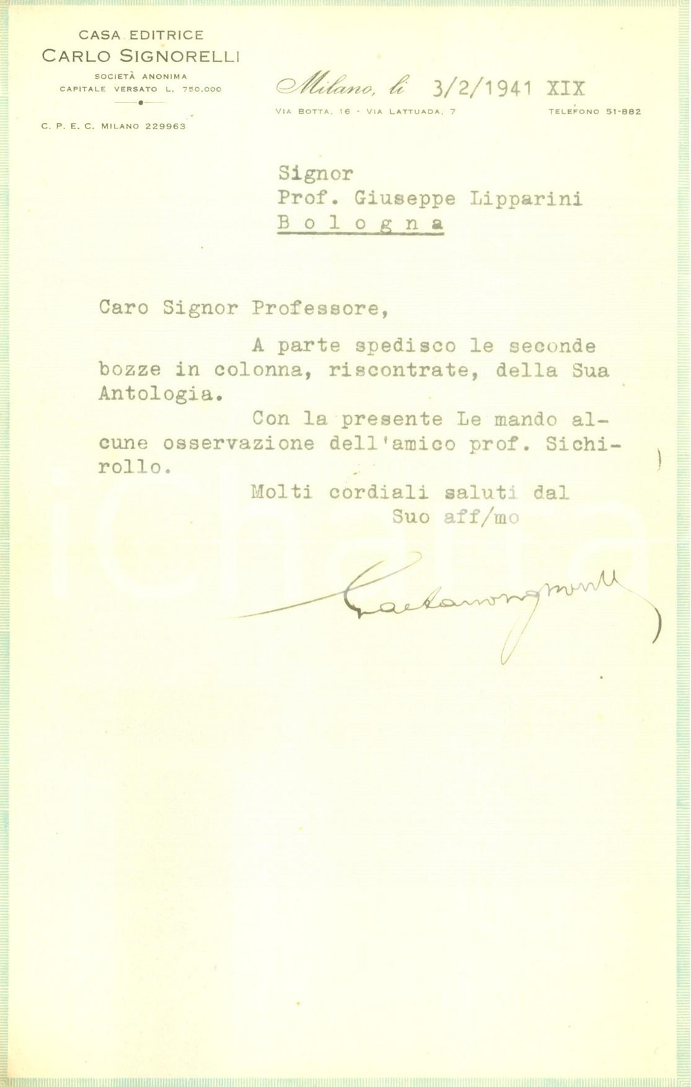 Autografo originale 1941 MILANO Editore Gaetano SIGNORELLI invia seconde bozze AUTOGRAFO 1