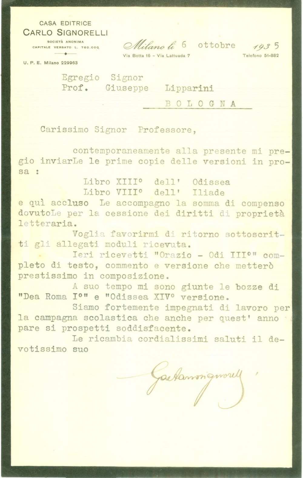 Autografo originale 1935 MILANO Editore Gaetano SIGNORELLI invia bozze di libri scolastici AUTOGRAFO 1