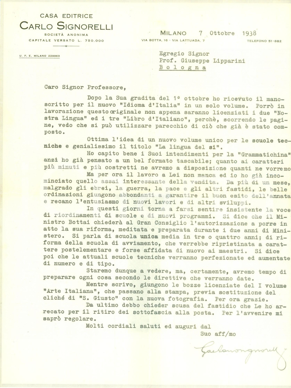 Autografo originale 1938 MILANO Malgrado ebrei e guerra si continua a lavorare Gaetano SIGNORELLI 1