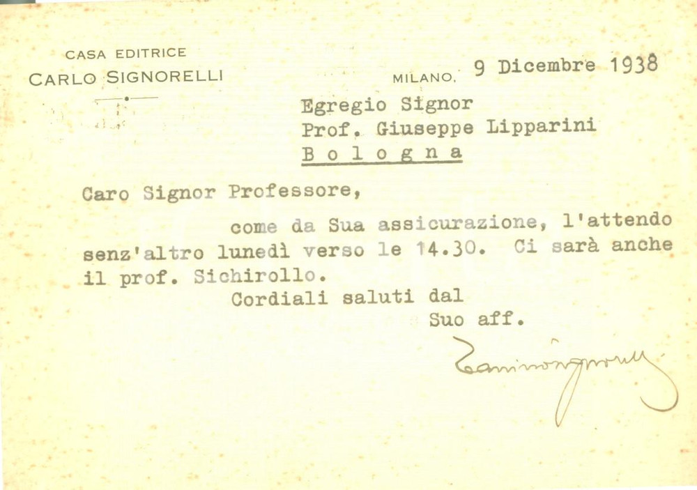 Autografo originale 1938 MILANO Editore Gaetano SIGNORELLI fissa un incontro con Giuseppe LIPPARINI 1