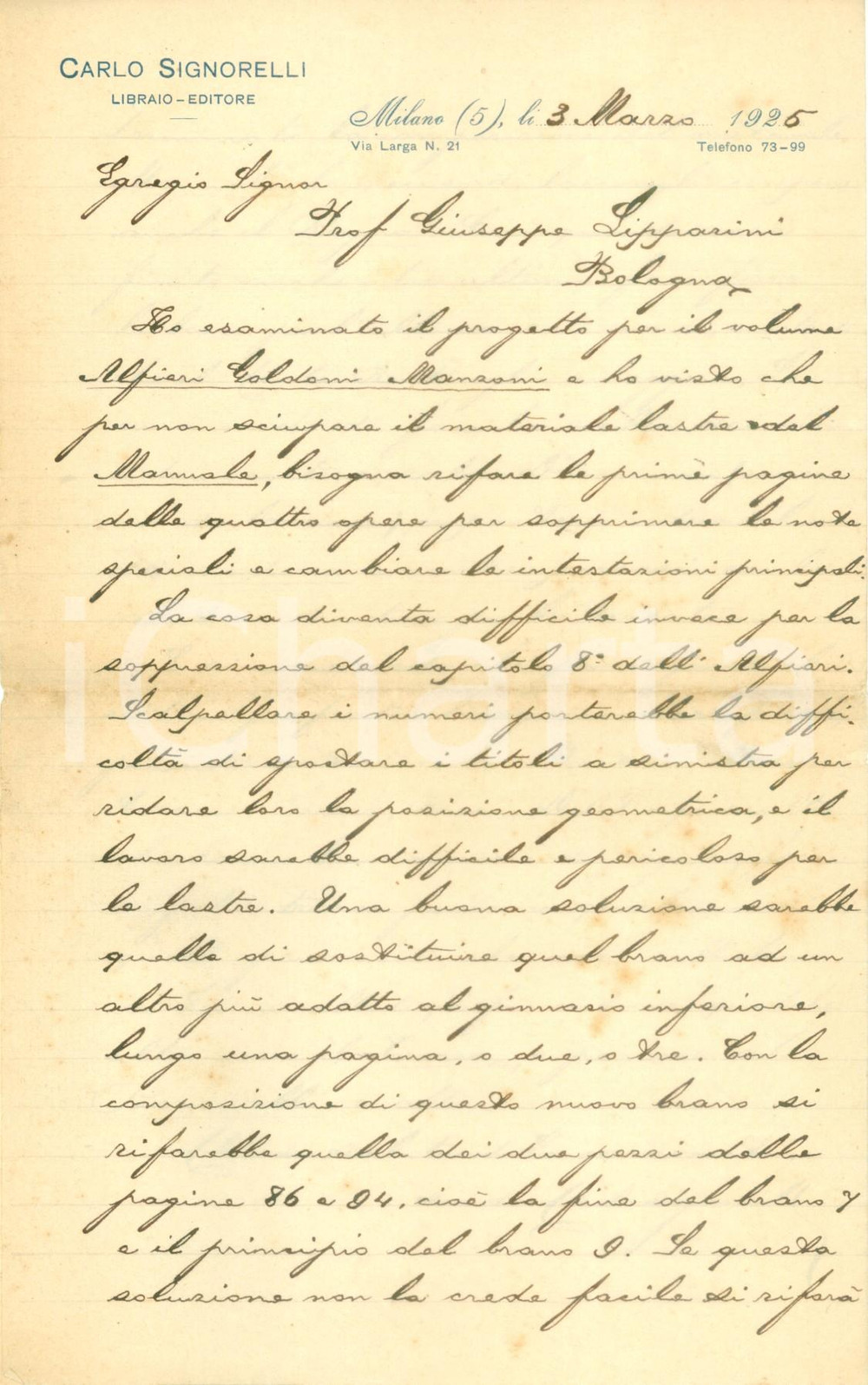 Autografo originale 1925 MILANO Editore Carlo SIGNORELLI sulla preparazione di libri scolastici 1