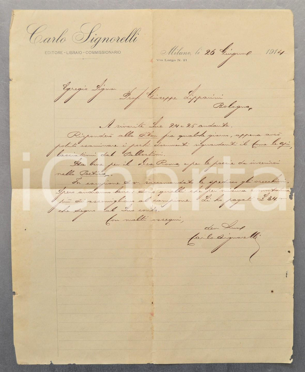 Autografo originale 1914 MILANO Editore Carlo SIGNORELLI invia orecchini a Giuseppe LIPPARINI 1