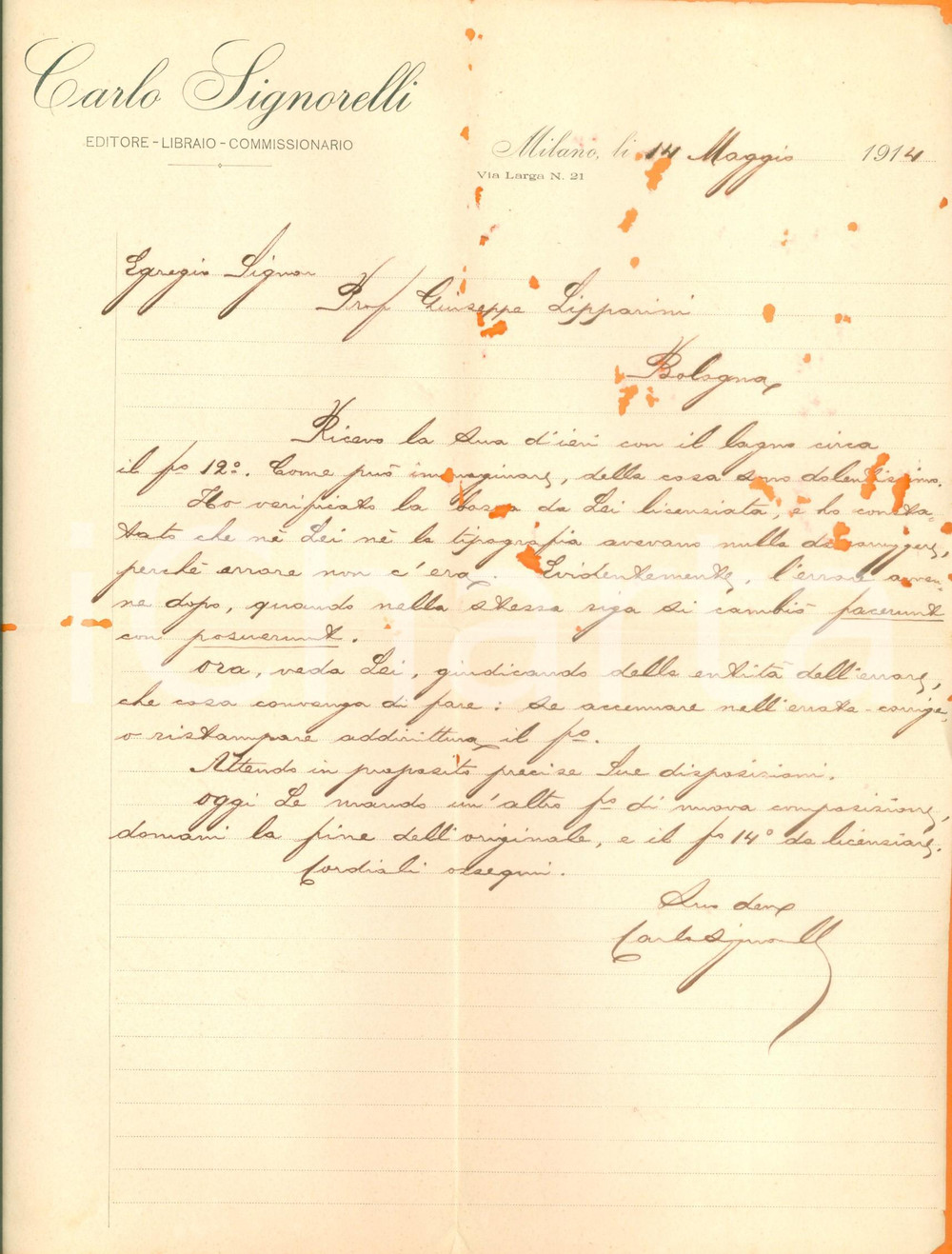 Autografo originale 1914 MILANO Editore Carlo SIGNORELLI su correzione bozze AUTOGRAFO DANNEGGIATO 1