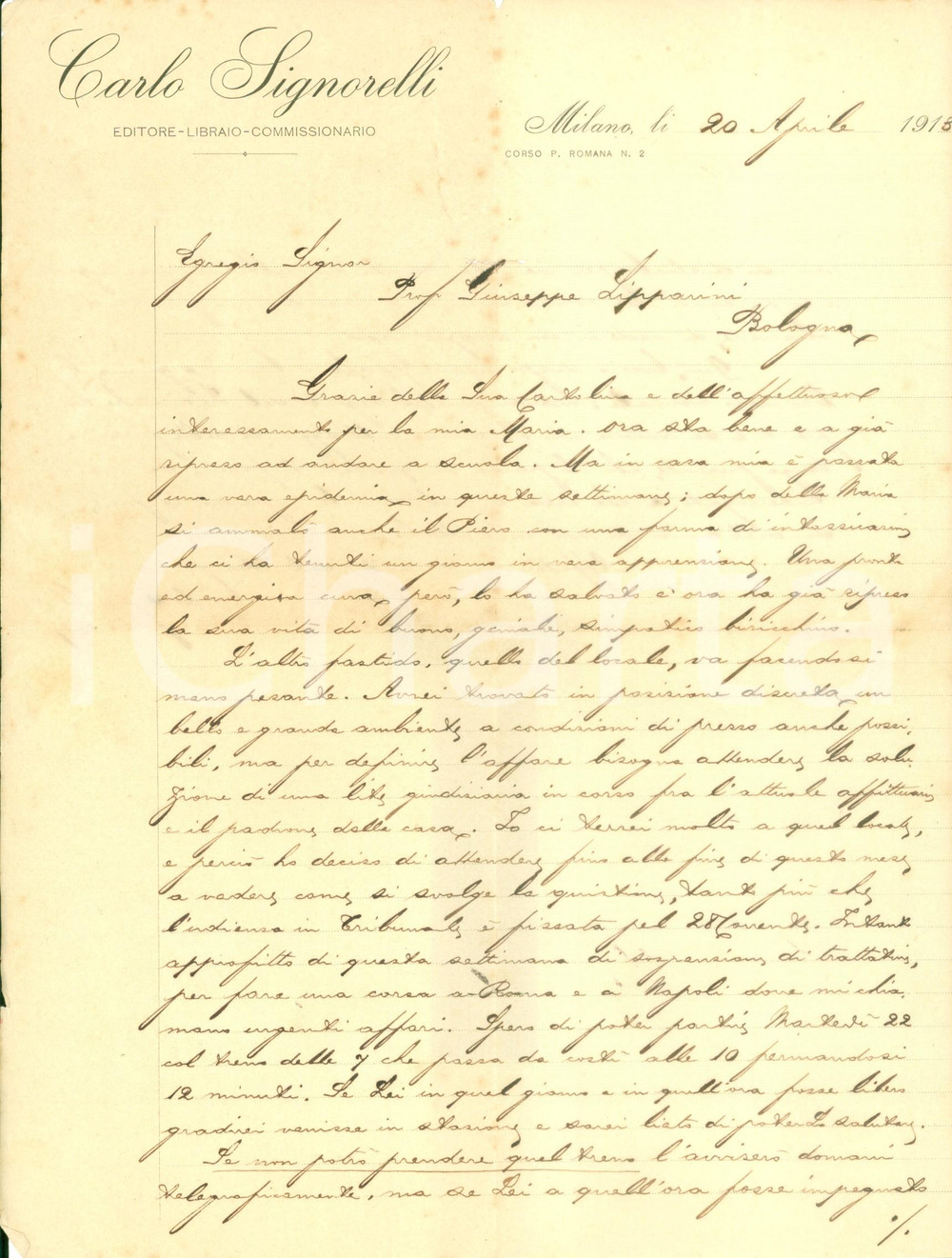 Autografo originale 1913 MILANO Editore Carlo SIGNORELLI attende di poter traslocare AUTOGRAFO 1
