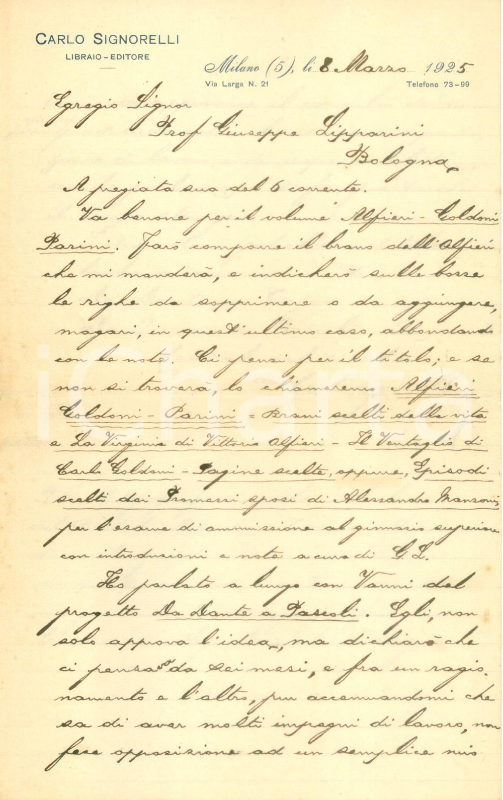 Autografo originale 1925 MILANO Editore Carlo SIGNORELLI su preparazione libri scolastici AUTOGRAFO 1