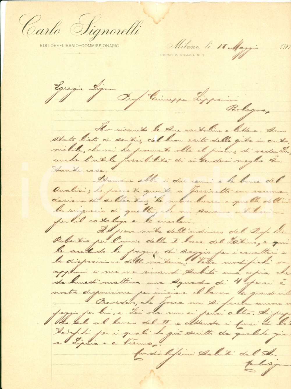 Autografo originale 1912 MILANO Editore Carlo SIGNORELLI prepara nuove uscite scolastiche AUTOGRAFO 1