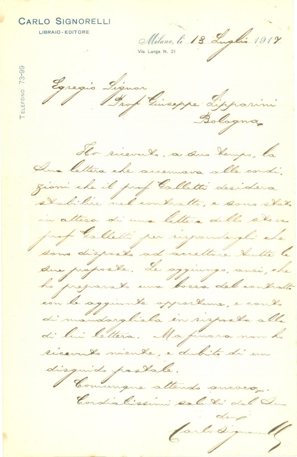 Autografo originale 1917 MILANO Editore Carlo SIGNORELLI prepara bozza di contratto AUTOGRAFO 1