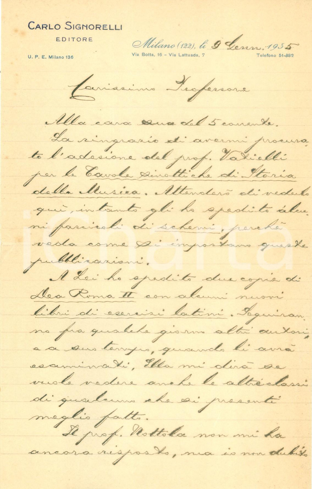 Autografo originale 1915 MILANO Editore Carlo SIGNORELLI si accorda con Giuseppe LIPPARINI Autografo 1