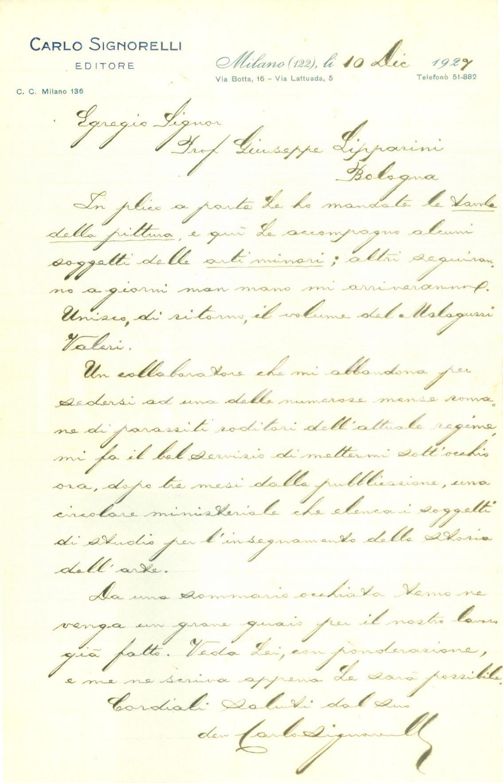 Autografo originale 1927 MILANO Editore Carlo SIGNORELLI Fascismo regime di parassiti roditori 1