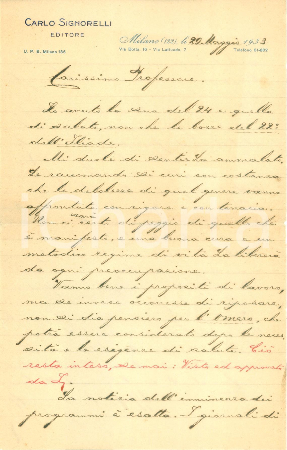 Autografo originale 1933 MILANO Editore Carlo SIGNORELLI Un altro colpo a Riforma GENTILE AUTOGRAFO 1