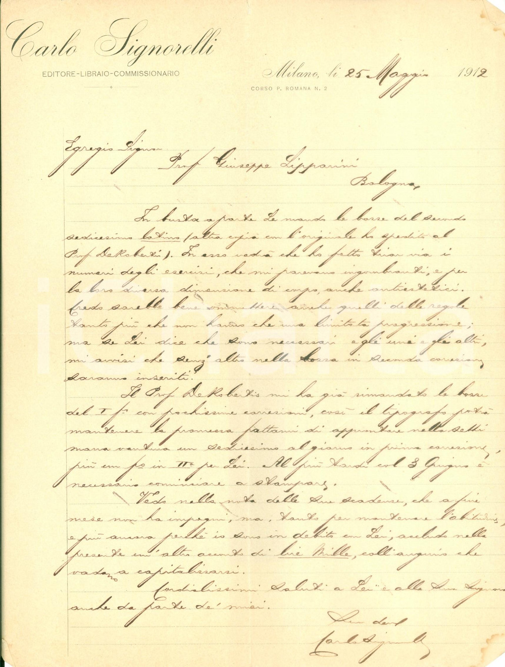 Autografo originale 1912 MILANO Editore Carlo SIGNORELLI invia bozze libro di latino AUTOGRAFO 1