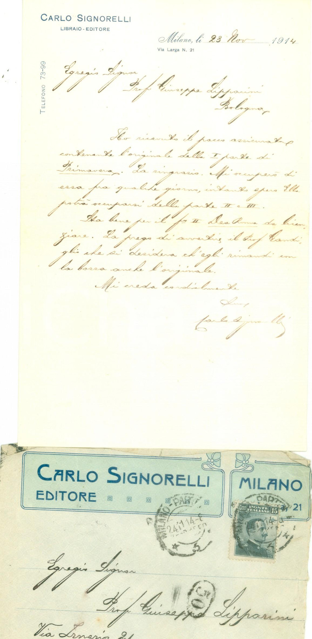 Autografo originale 1914 MILANO Editore Carlo SIGNORELLI licenzia due testi scolastici AUTOGRAFO 1