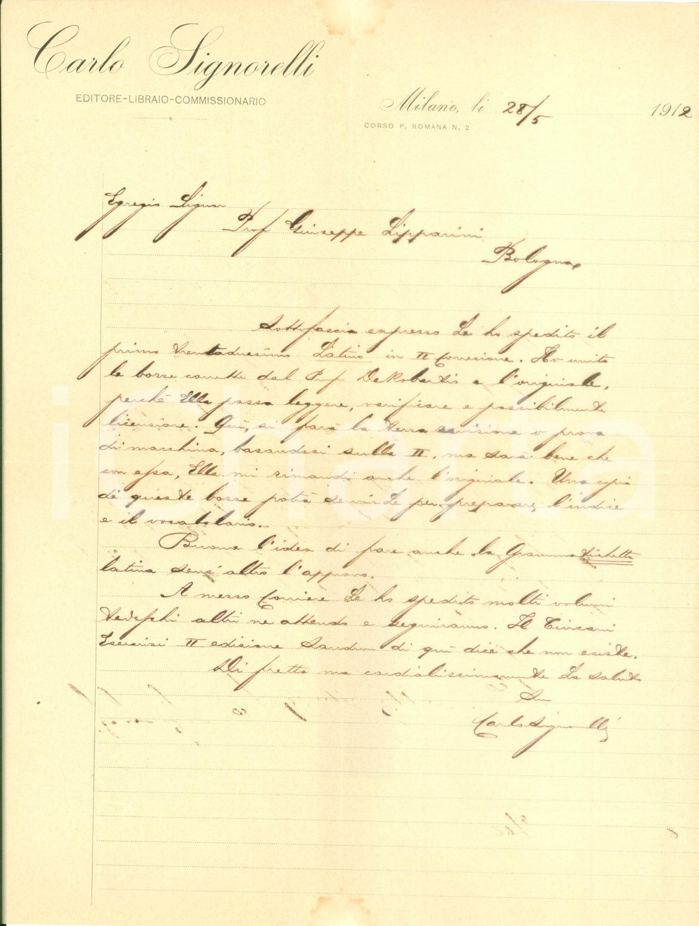 Autografo originale 1912 MILANO Editore Carlo SIGNORELLI licenzia libro di latino AUTOGRAFO 1