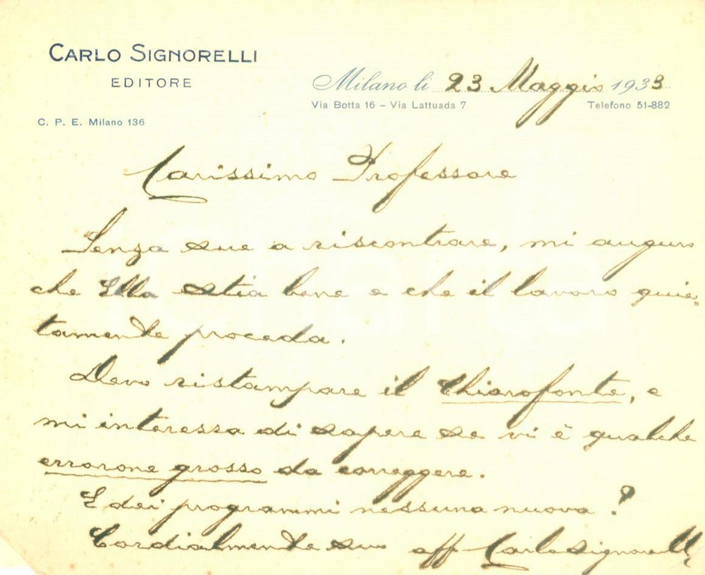 Autografo originale 1933 MILANO Editore Carlo SIGNORELLI ristampa antologia CHIAROFONTE Autografo 1