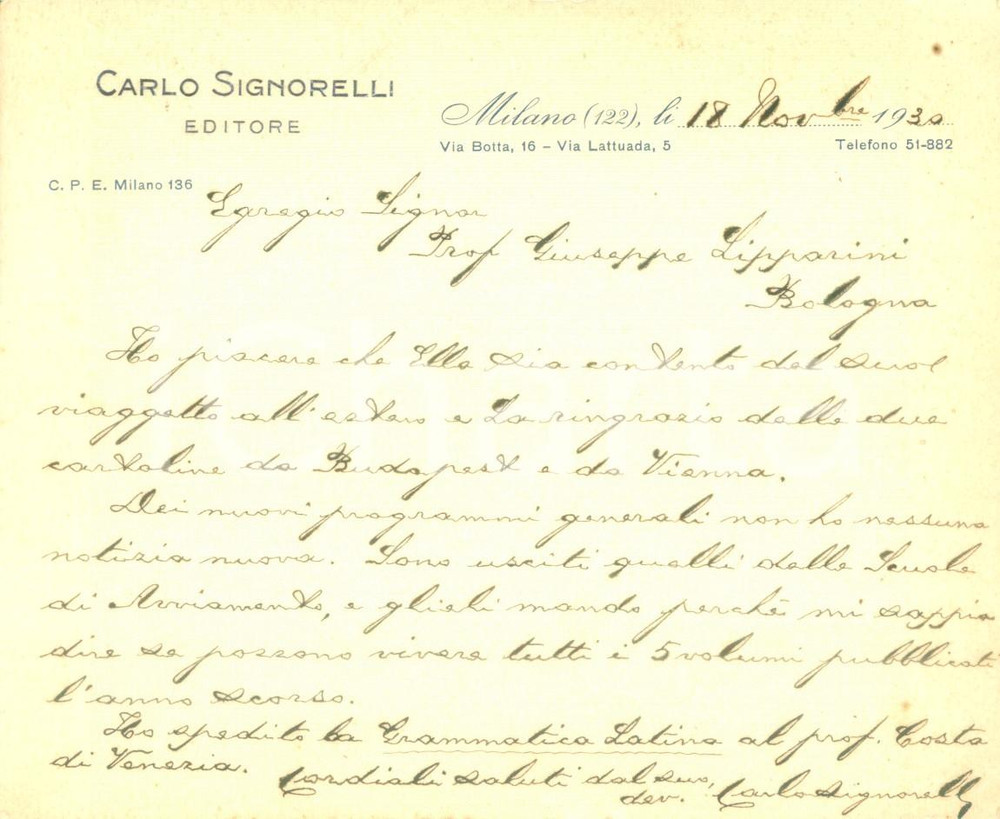 Autografo originale 1930 MILANO Editore Carlo SIGNORELLI non sa nulla dei nuovi programmi AUTOGRAFO 1