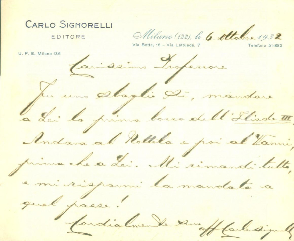 Autografo originale 1917 MILANO Editore Carlo SIGNORELLI Non mi mandi a quel paese AUTOGRAFO 1