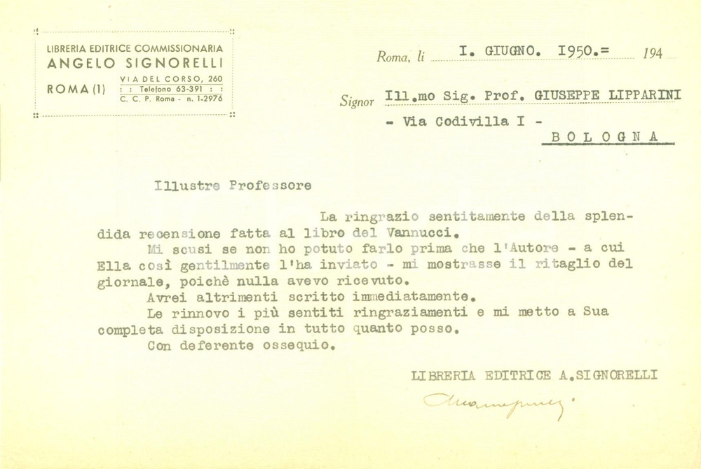 Manoscritto, lettera originale 1950 ROMA Libreria Editrice Angelo SIGNORELLI ringrazia per recensione Documento 1