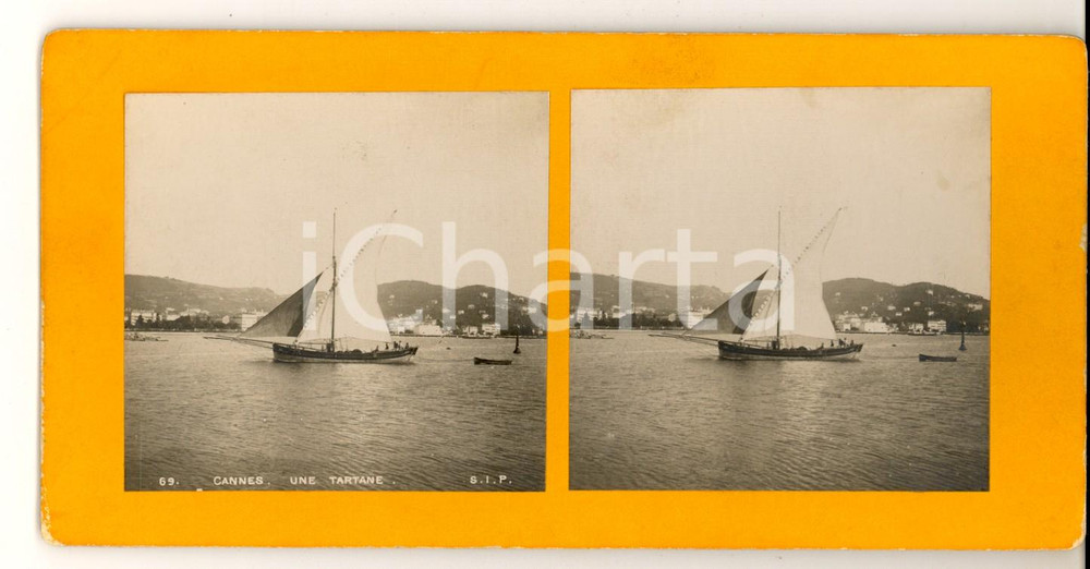 Fotografia d epoca originale 1900 CANNES FRANCE Une tartane Photo stÃ©rÃ©oscopique 18x9 cm 1