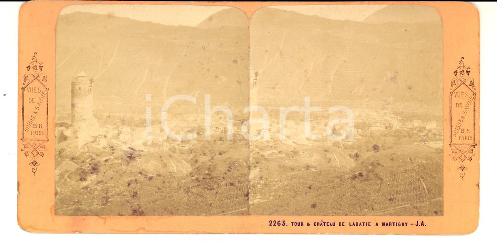 Fotografia d epoca originale 1880 MARTIGNY CH Tour et chÃ¢teau de la BÃ¢tiaz Photo stÃ©rÃ©oscopique 18x9 cm 1