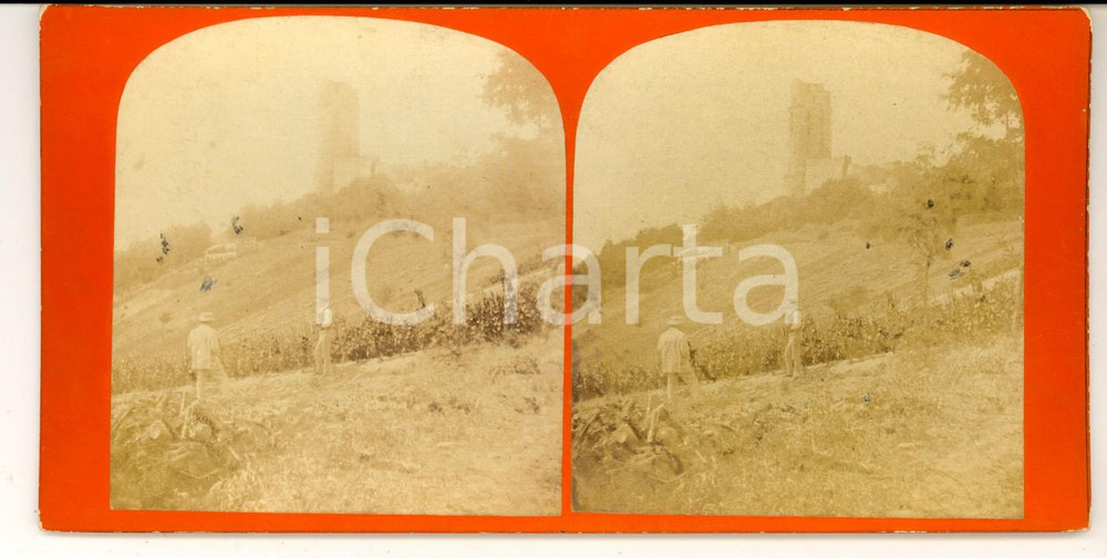 Fotografia d epoca originale 1880 MARTIGNY ? Touristes vers le chÃ¢teau de la BÃ¢tiaz Photo stÃ©rÃ©oscopique 1