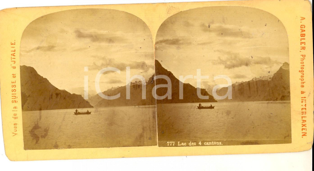 Fotografia d epoca originale 1880 SUISSE Vue du Lac des Quatre Cantons Photo stÃ©rÃ©oscopique 18x9 cm 1