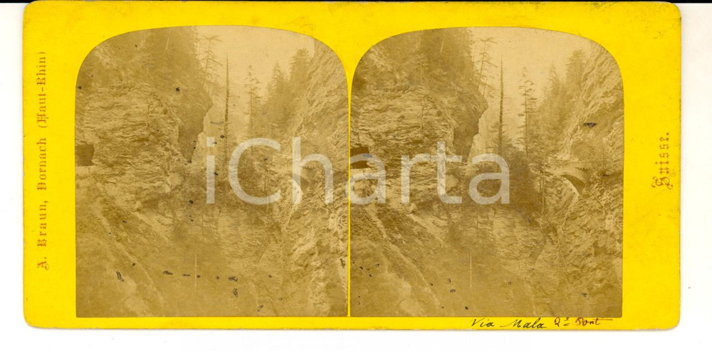 Fotografia d epoca originale 1880 SUISSE Vue de la VIA MALA Photo A BRAUN  BORNACH stÃ©rÃ©oscopique 18x9 1