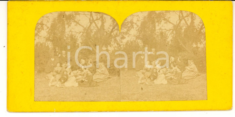Fotografia d epoca originale 1890 ca MADRID Famiglia spagnola posa in un parco Foto stereoscopica VINTAGE 1
