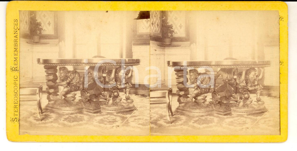 Fotografia d epoca originale 1880 FRANCE Table en bois sculptÃ© avec figures d hommesPhoto stÃ©rÃ©oscopique 1