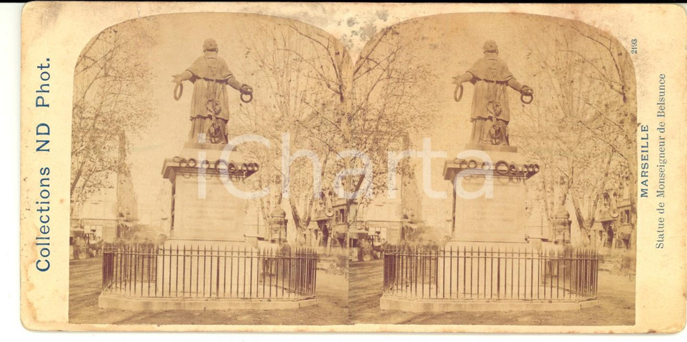 Fotografia d epoca originale 1880 MARSEILLE F Statue de mgr. de BELSUNCE Photo stÃ©rÃ©oscopique GARDET 18x9 1