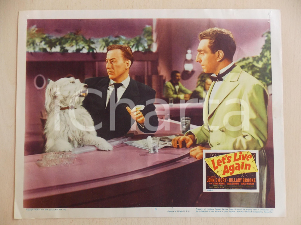 Oggetto da collezione cartaceo 1948 LET S LIVE AGAIN John EMERY beve cocktaiil con cane Manifestino LOBBY CARD 1