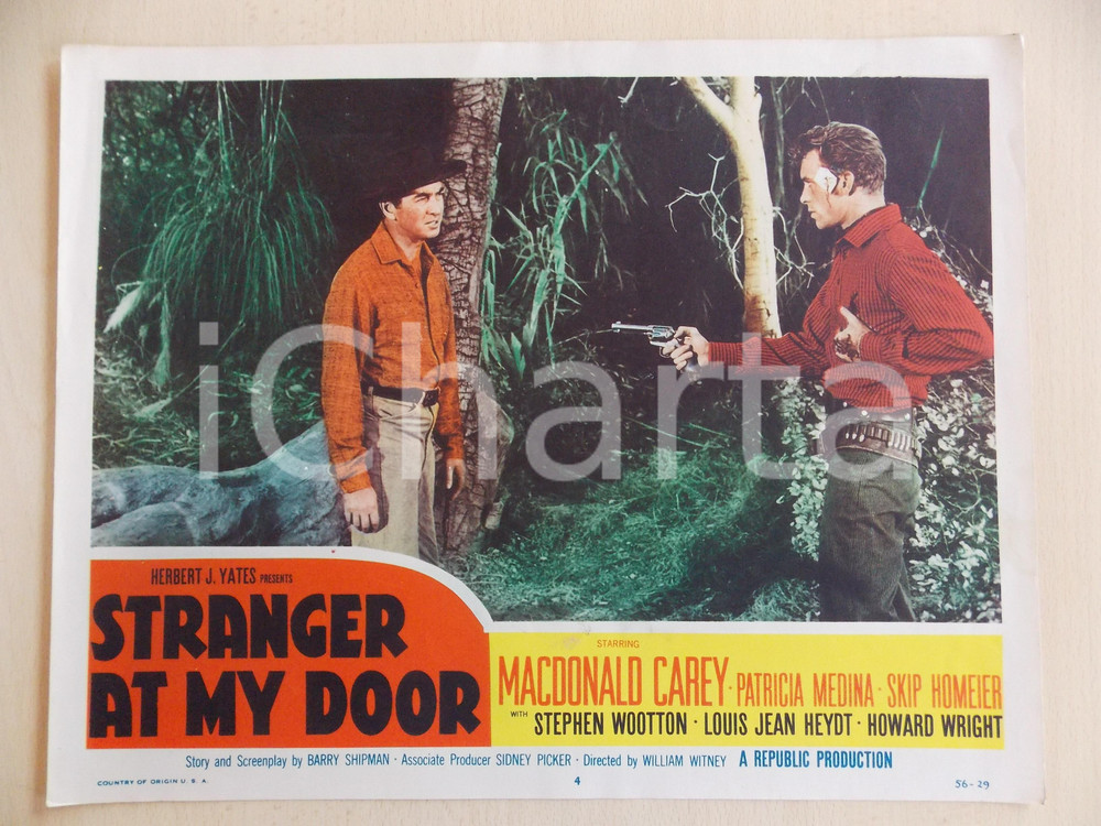 Oggetto da collezione cartaceo 1956 STRANGER AT MY DOOR Skip HOMEIER punta pistola a Macdonald CAREY Lobby Card 1