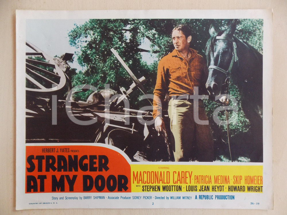 Oggetto da collezione cartaceo 1956 STRANGER AT MY DOOR Macdonald CAREY con cavallo Manifestino LOBBY CARD 1