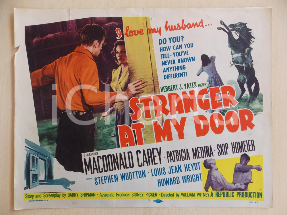Oggetto da collezione cartaceo 1956 STRANGER AT MY DOOR Macdonald CAREY Patricia MEDINA Manifestino DANNEGGIATO 1