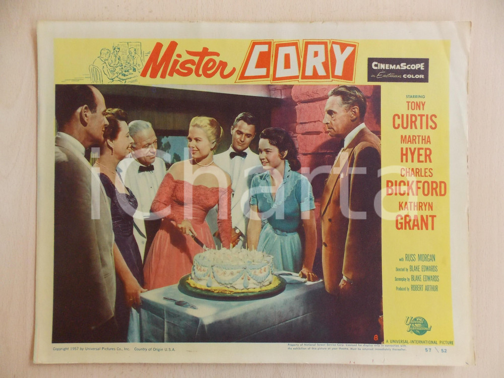 Oggetto da collezione cartaceo 1957 MISTER CORY Martha HYER taglia torta di compleanno Manifestino LOBBY CARD 1