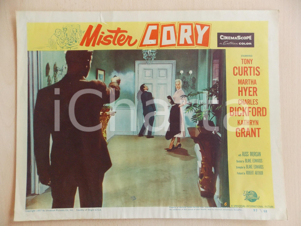 Oggetto da collezione cartaceo 1957 MISTER CORY Tony CURTIS colpito alle spalle Manifestino LOBBY CARD 1