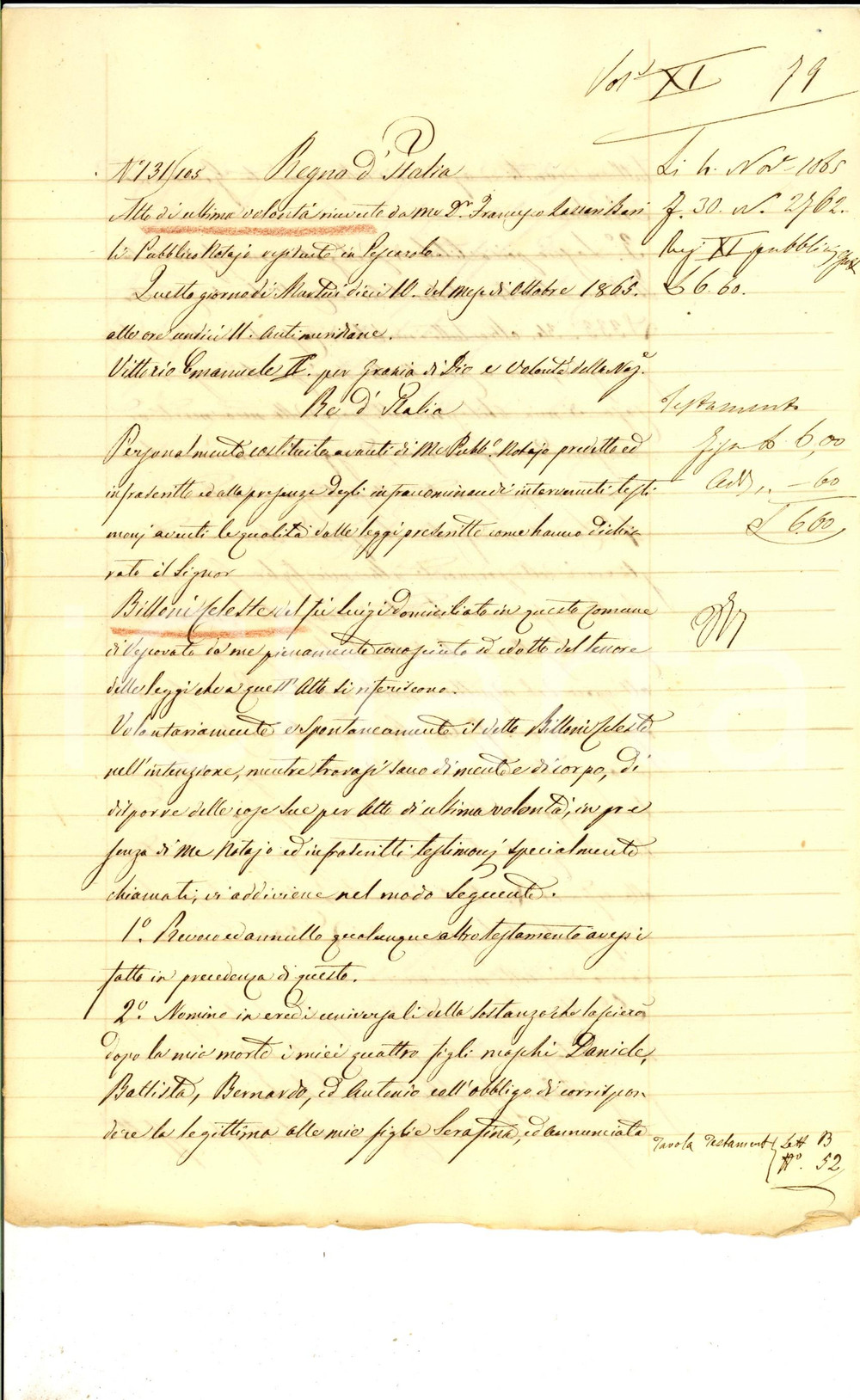 Documento originale, autentico 1865 VESCOVATO CR Testamento di Celeste BILLONI pro quattro figli maschi 1