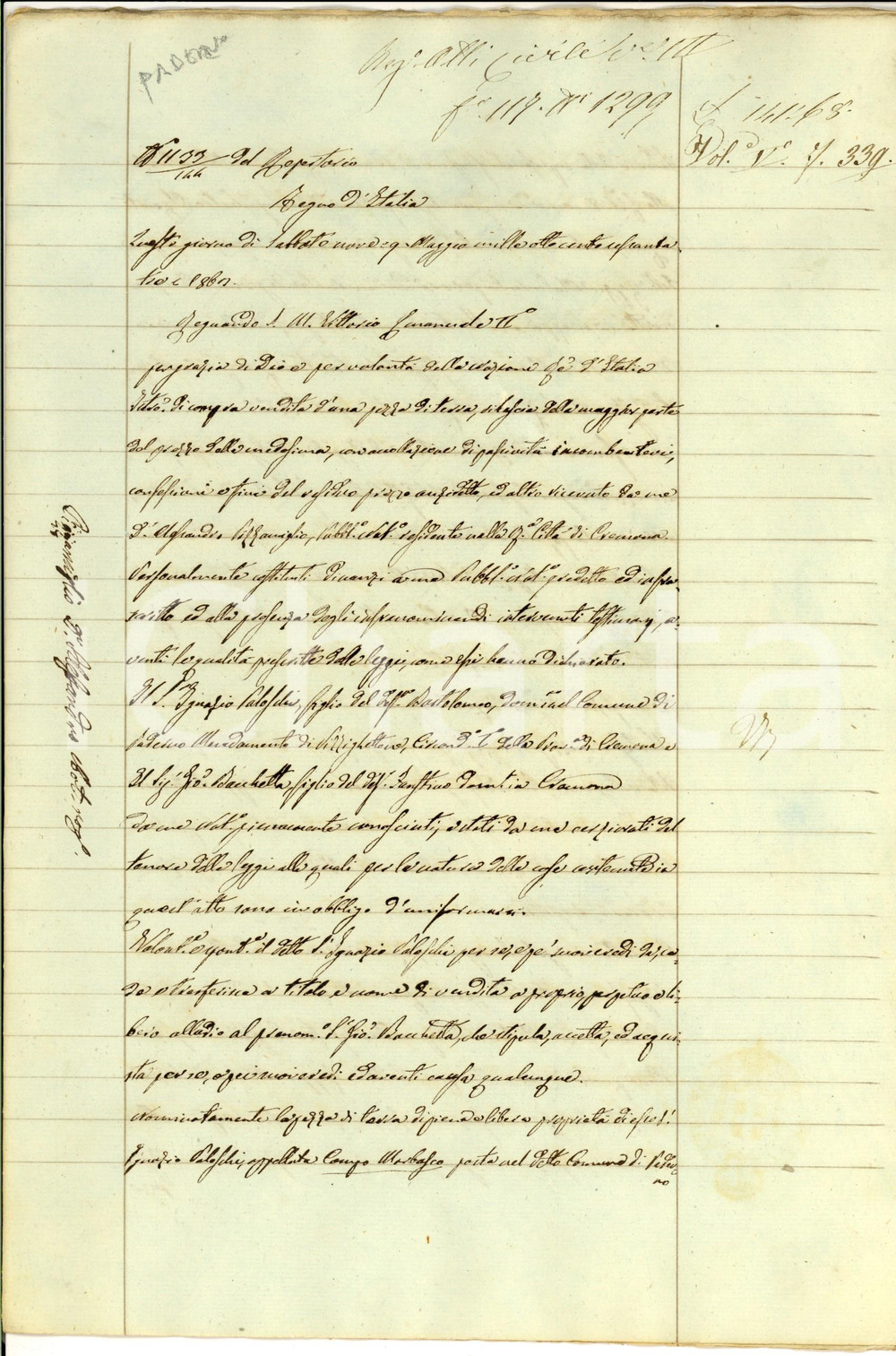 Documento originale, autentico 1864 PADERNO CREMONESE Ignazio VALOSCHI vende campo a Giovanni BACCHETTA 1