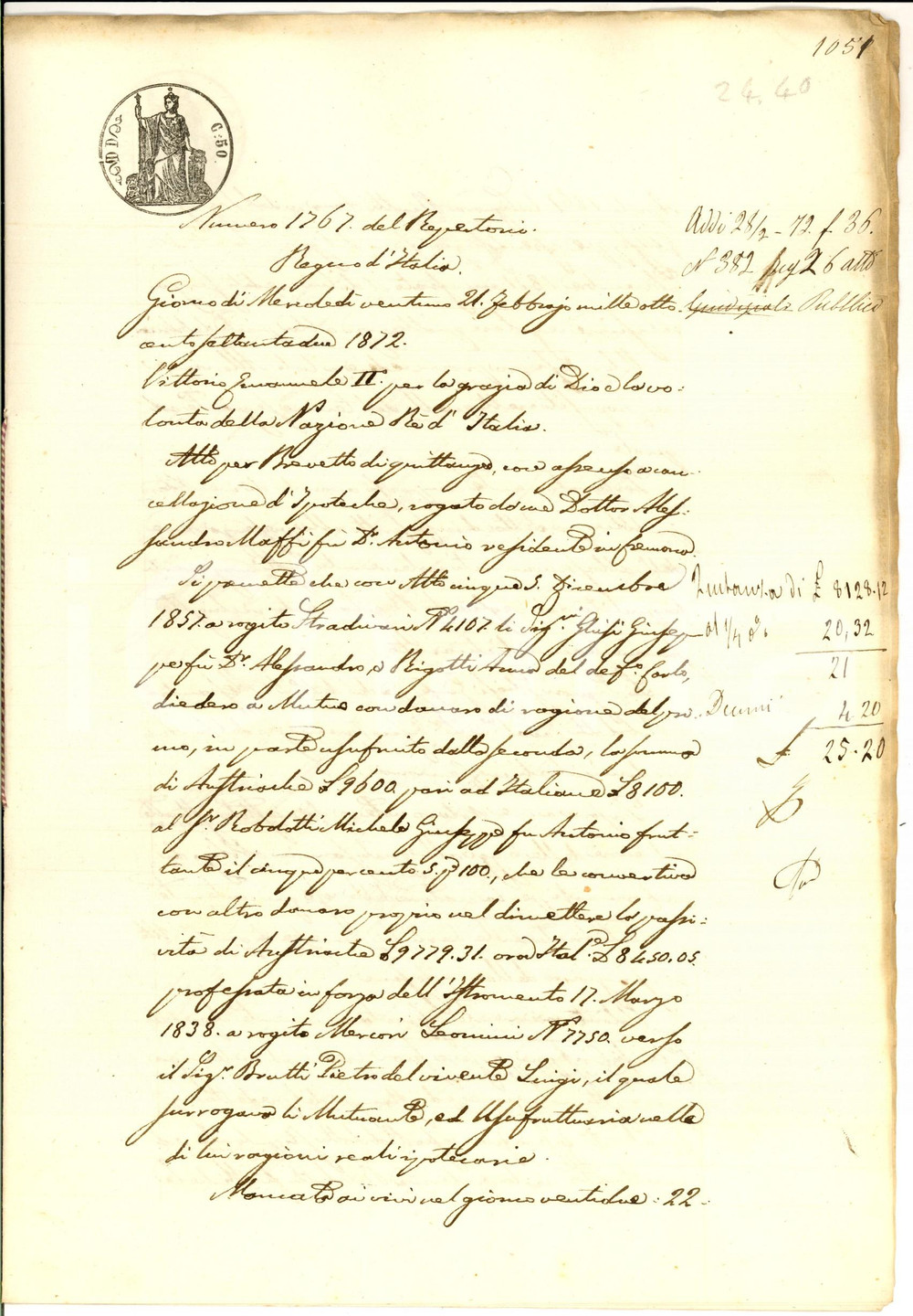 Documento originale, autentico 1872 CREMONA Quietanza per debito di Francesco ROBOLOTTI pro Giuseppe GHISI 1