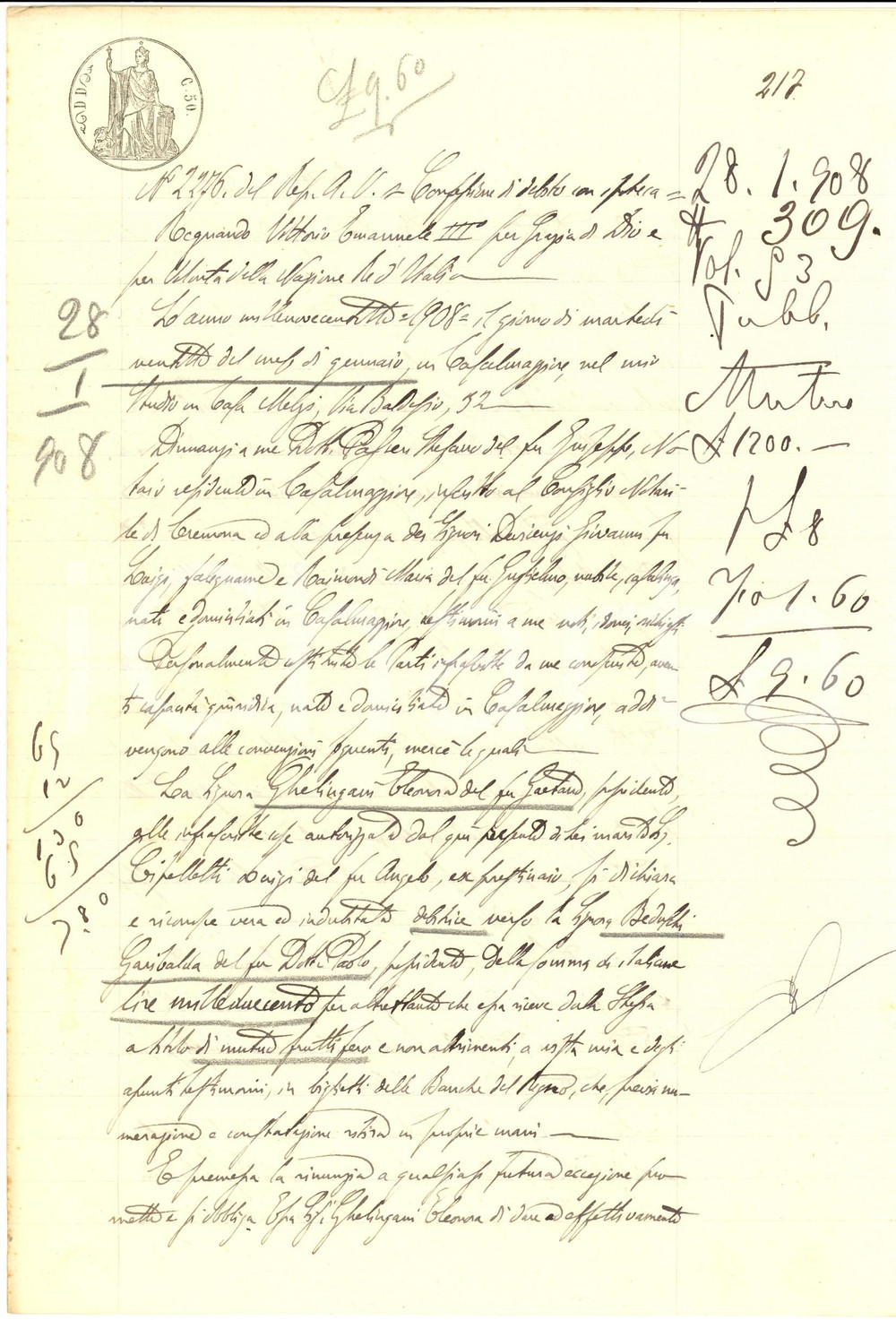 Documento originale, autentico 1908 CASALMAGGIORE Confessione debito Eleonora GHELINGANI vs Garibalda BEDUSCHI 1