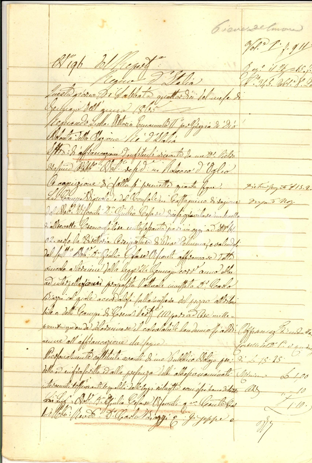 Documento originale, autentico 1865 ROBECCO D OGLIO Affrancazione enfiteusi nobile Giulio Cesare VISCONTI 1