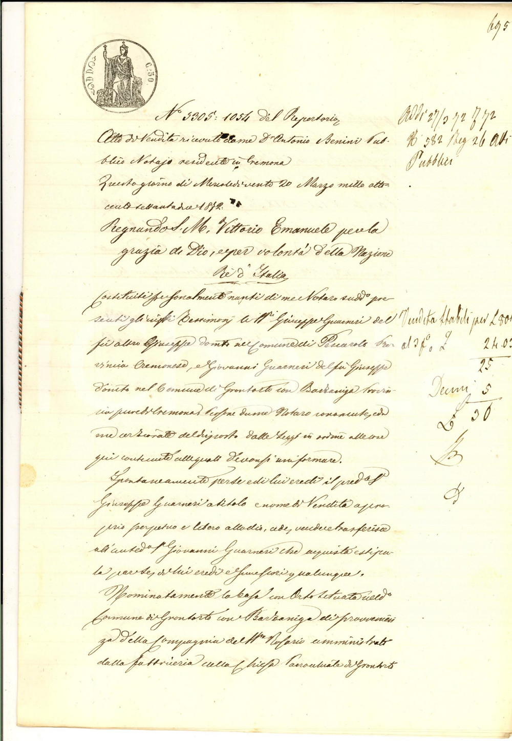 Documento originale, autentico 1872 GRONTARDO CR Giuseppe GUARNERI vende casa ex Compagnia SS.MO ROSARIO 1