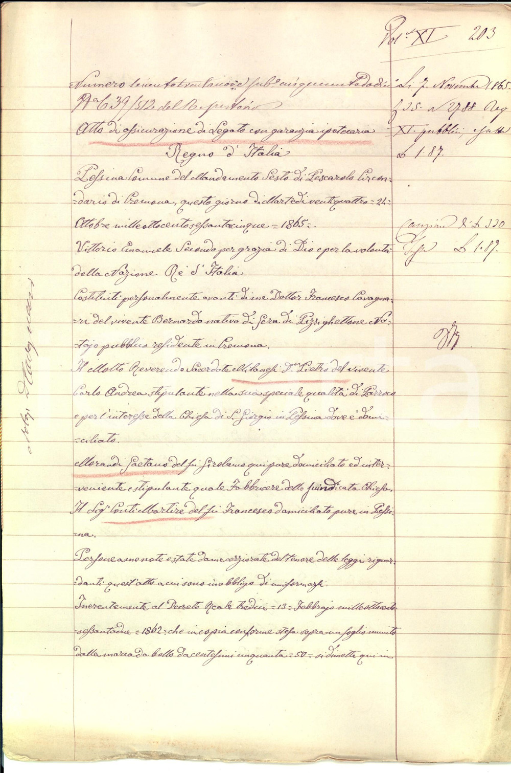 Documento originale, autentico 1865 PESSINA CREMONESE Assicurazione legato Martire CONTI pro chiesa SAN GIORGIO 1