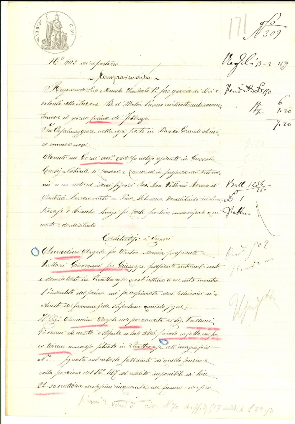 Documento originale, autentico 1899 QUATTRO CASE CR Angelo AMADINI vende casetta con terra a Giovanni VALLARI 1