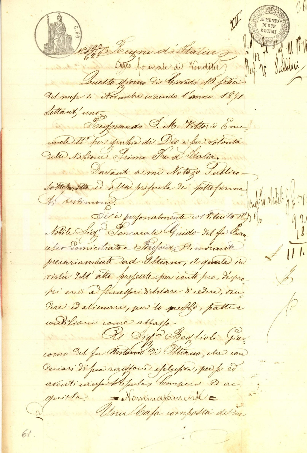 Documento originale, autentico 1871 OSTIANO Nobile Francesco PONCARALI vende casa e bottega a Giacomo BOGLIOLI 1