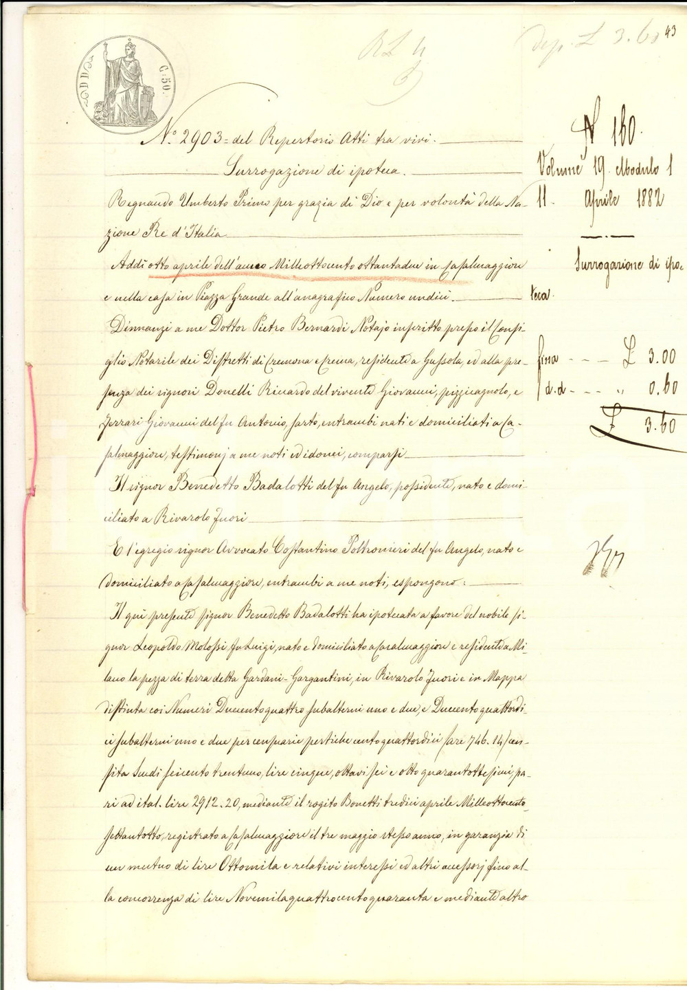 1882 CASALMAGGIORE Surrogazione ipoteca Benedetto BADALOTTI pro Leopoldo MOLOSSI
