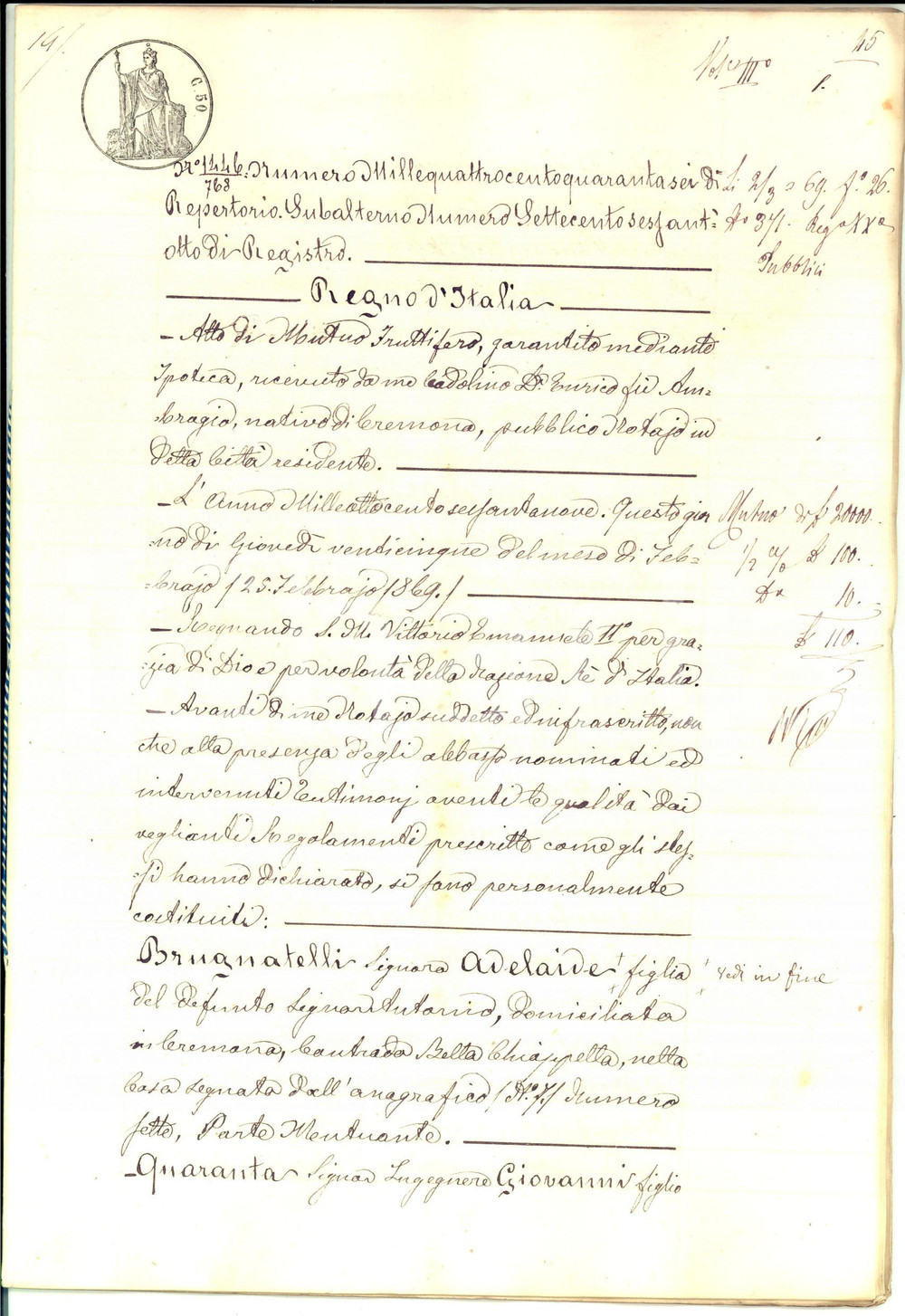 Documento originale, autentico 1869 CREMONA Atto di mutuo tra Adelaide BRUGNATELLI e ing. Giovanni QUARANTA 1