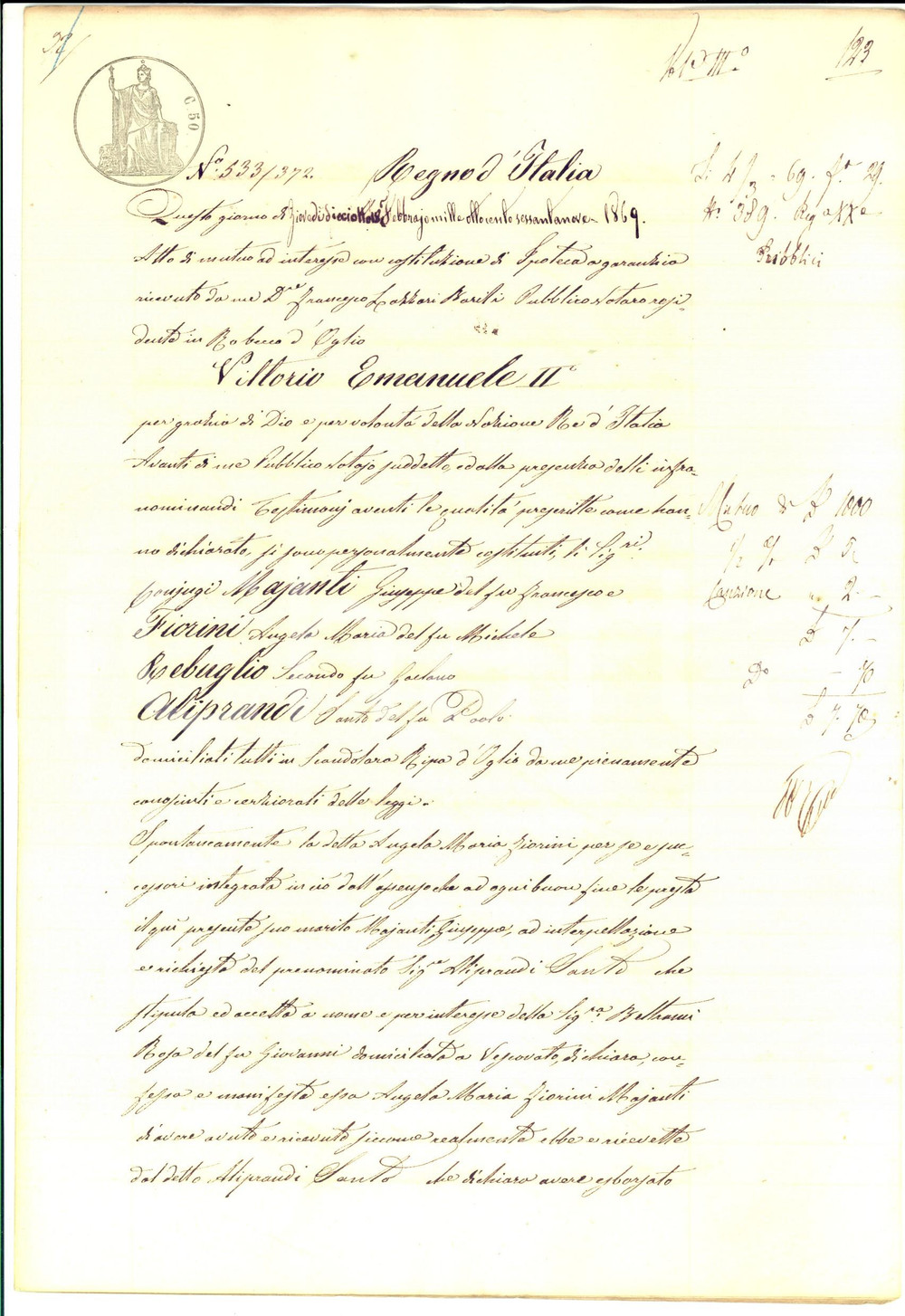Documento originale, autentico 1869 ROBECCO D OGLIO Contratto mutuo tra Angela Maria FIORINI e Santo ALIPRANDI 1