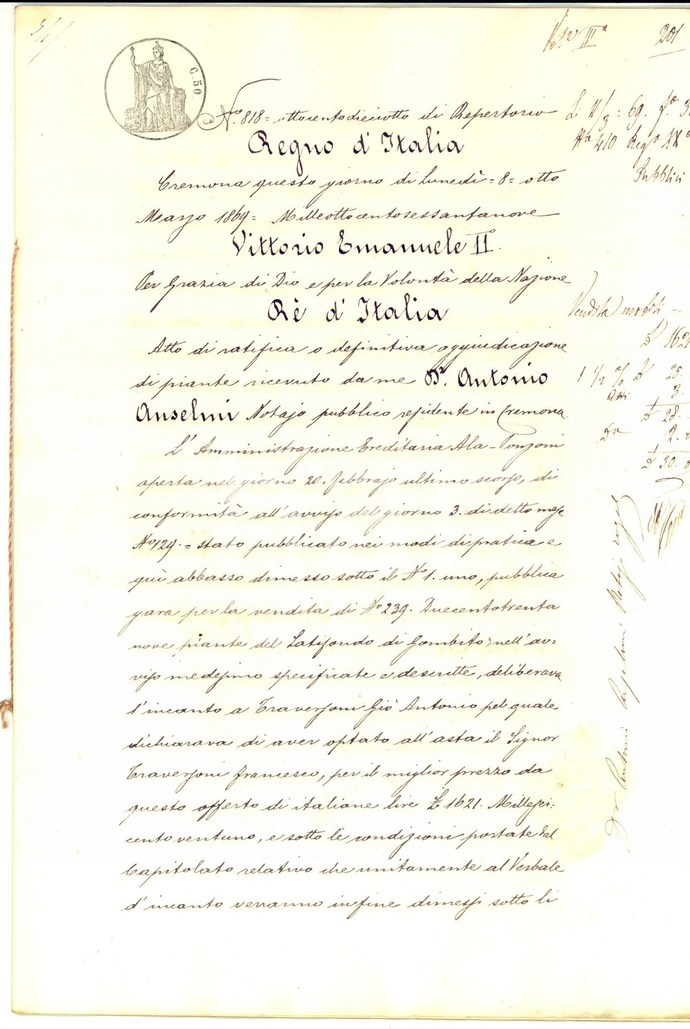 Documento originale, autentico 1869 GOMBITO CR Antonio TRAVERSONI acquista piante latifondo eredi ALAPONZONE 1